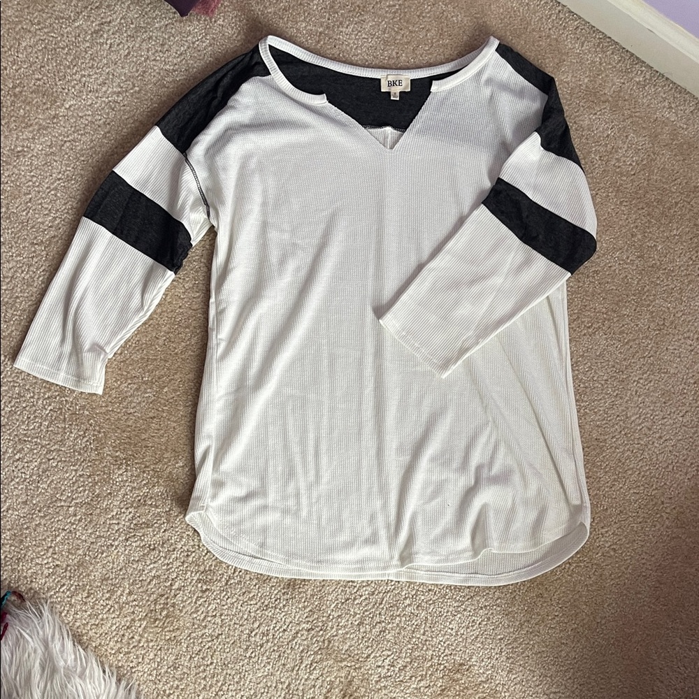 BKE White Long Sleeve Ribbed Top with Black Shoulder and Sleeve Stripes